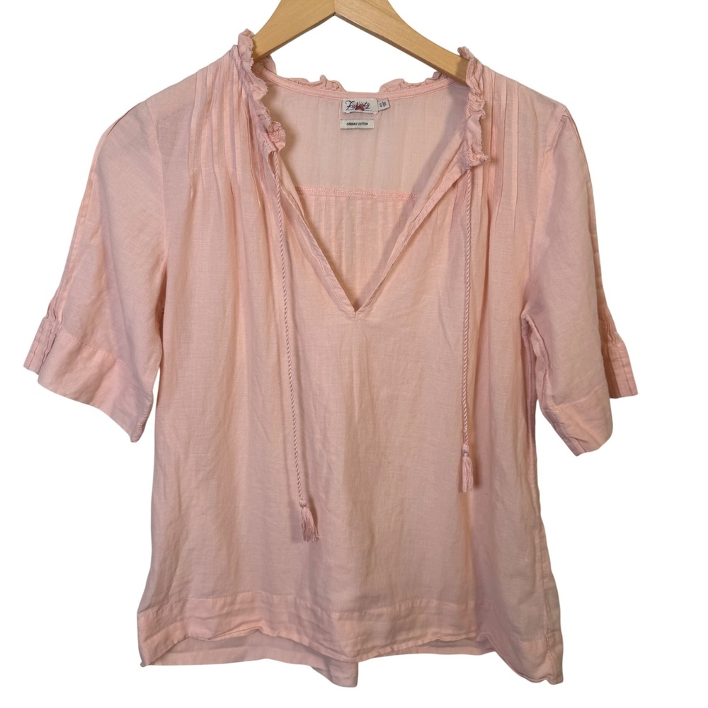 Faherty Womens Top Small Pink Organic Cotton‎ Ruffle V Neck Blouse Lightweight